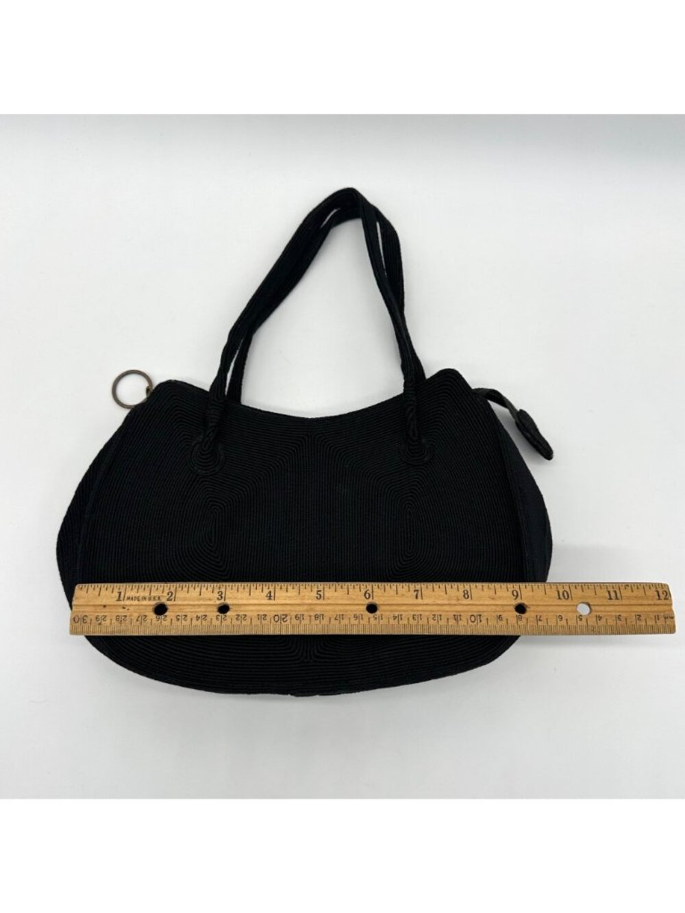 Vintage Purse 1950s Handbag Black Corde USA Top Handle Zipper Retro Mid Century - Picture 9 of 10